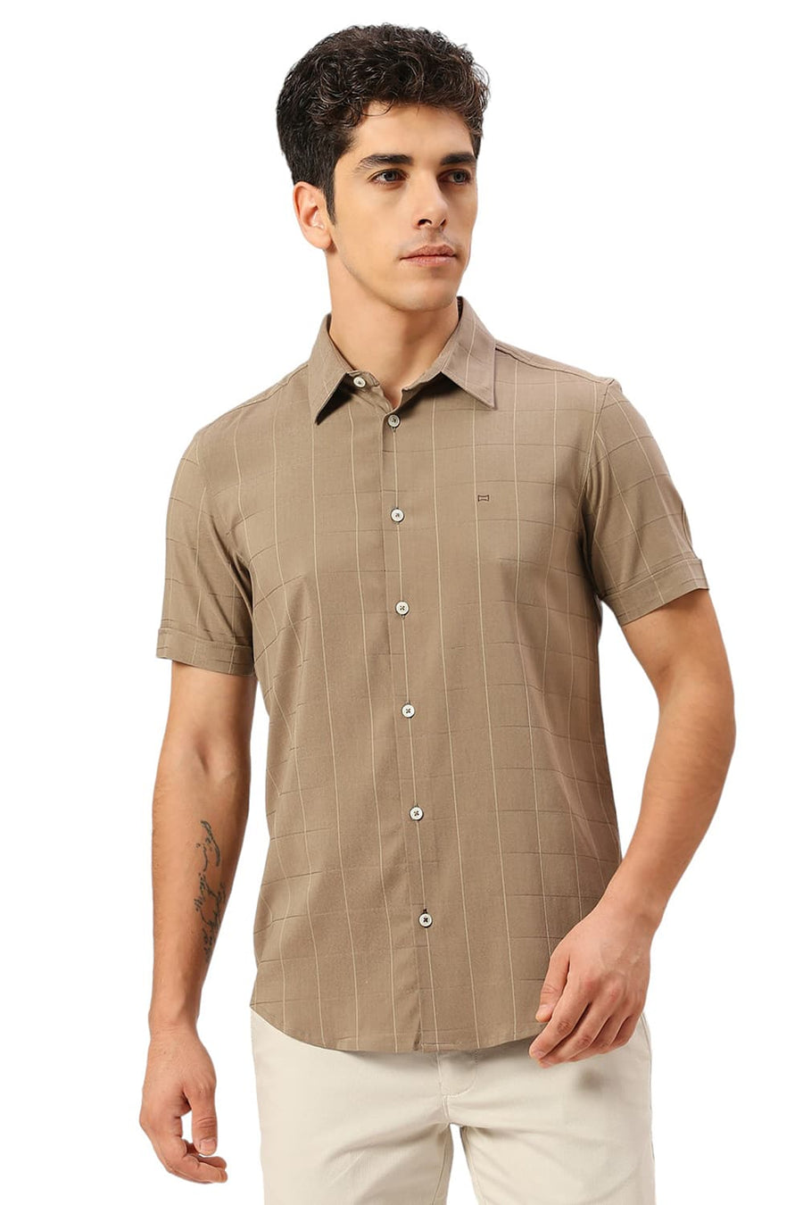 BASICS SLIM FIT TWIG BROWN VISCOSE POLYESTER STRETCH DOBBY CHECKS HALFSLEEVES SHIRT