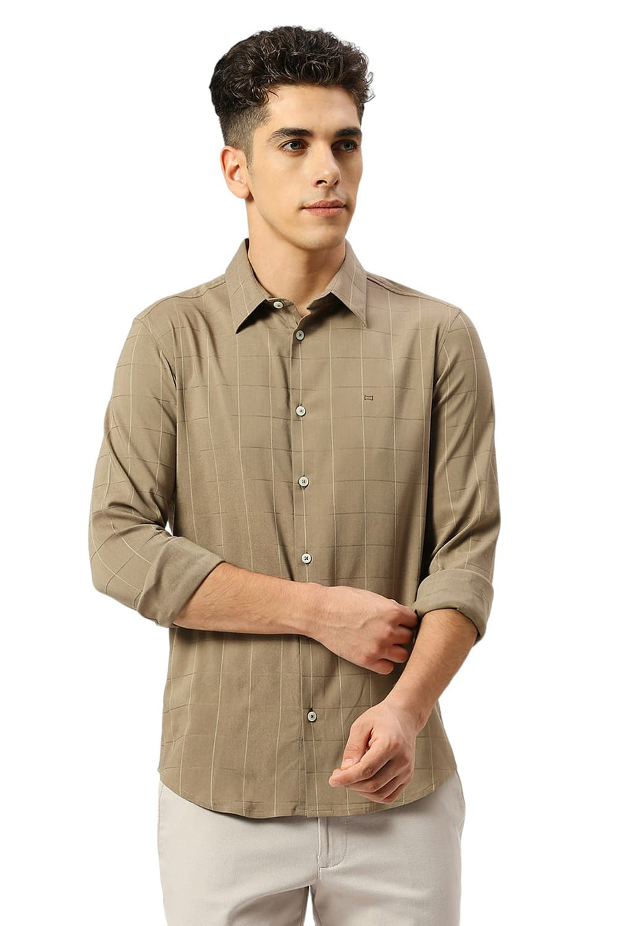 BASICS SLIM FIT TWIG BROWN VISCOSE POLYESTER STRETCH DOBBY CHECKS SHIRT