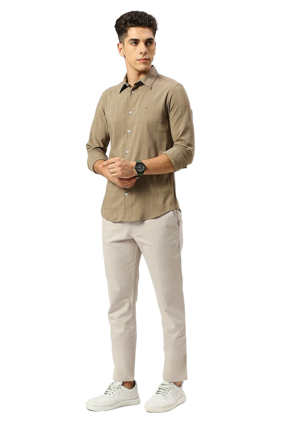 BASICS SLIM FIT TWIG BROWN VISCOSE POLYESTER STRETCH DOBBY CHECKS SHIRT