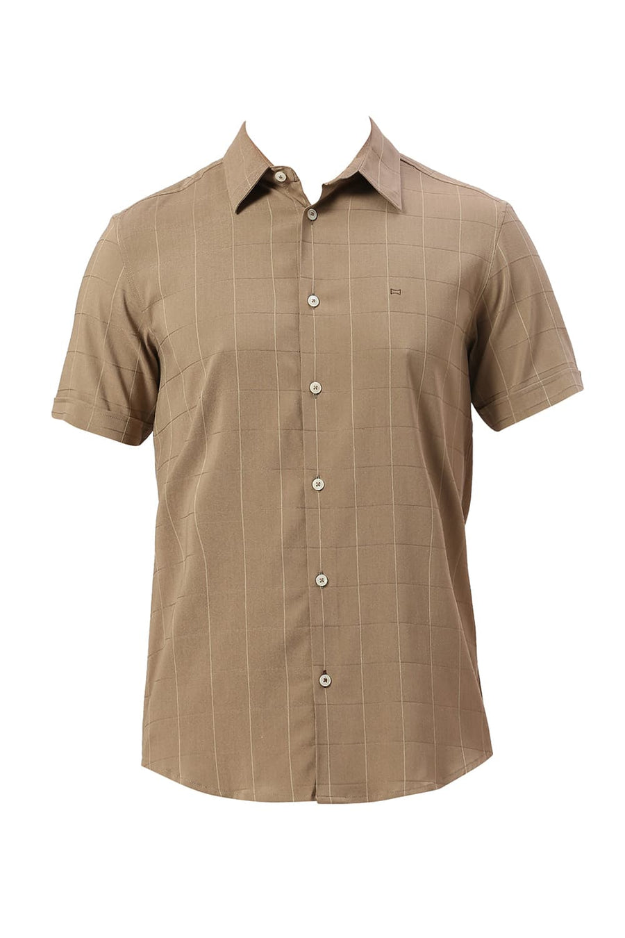 BASICS SLIM FIT TWIG BROWN VISCOSE POLYESTER STRETCH DOBBY CHECKS HALFSLEEVES SHIRT