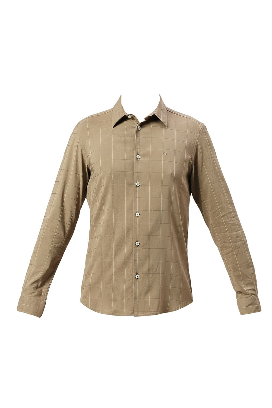BASICS SLIM FIT TWIG BROWN VISCOSE POLYESTER STRETCH DOBBY CHECKS SHIRT