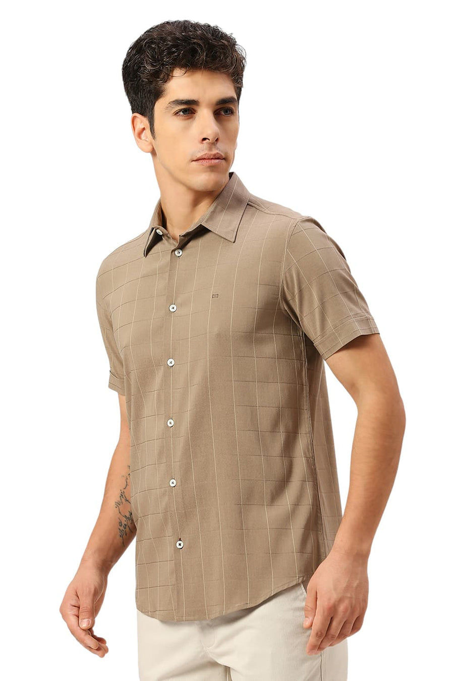BASICS SLIM FIT TWIG BROWN VISCOSE POLYESTER STRETCH DOBBY CHECKS HALFSLEEVES SHIRT
