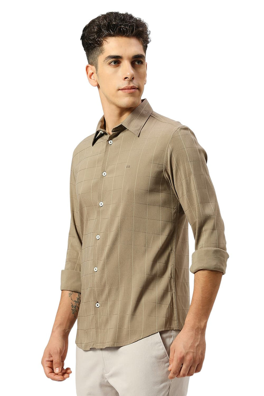 BASICS SLIM FIT TWIG BROWN VISCOSE POLYESTER STRETCH DOBBY CHECKS SHIRT