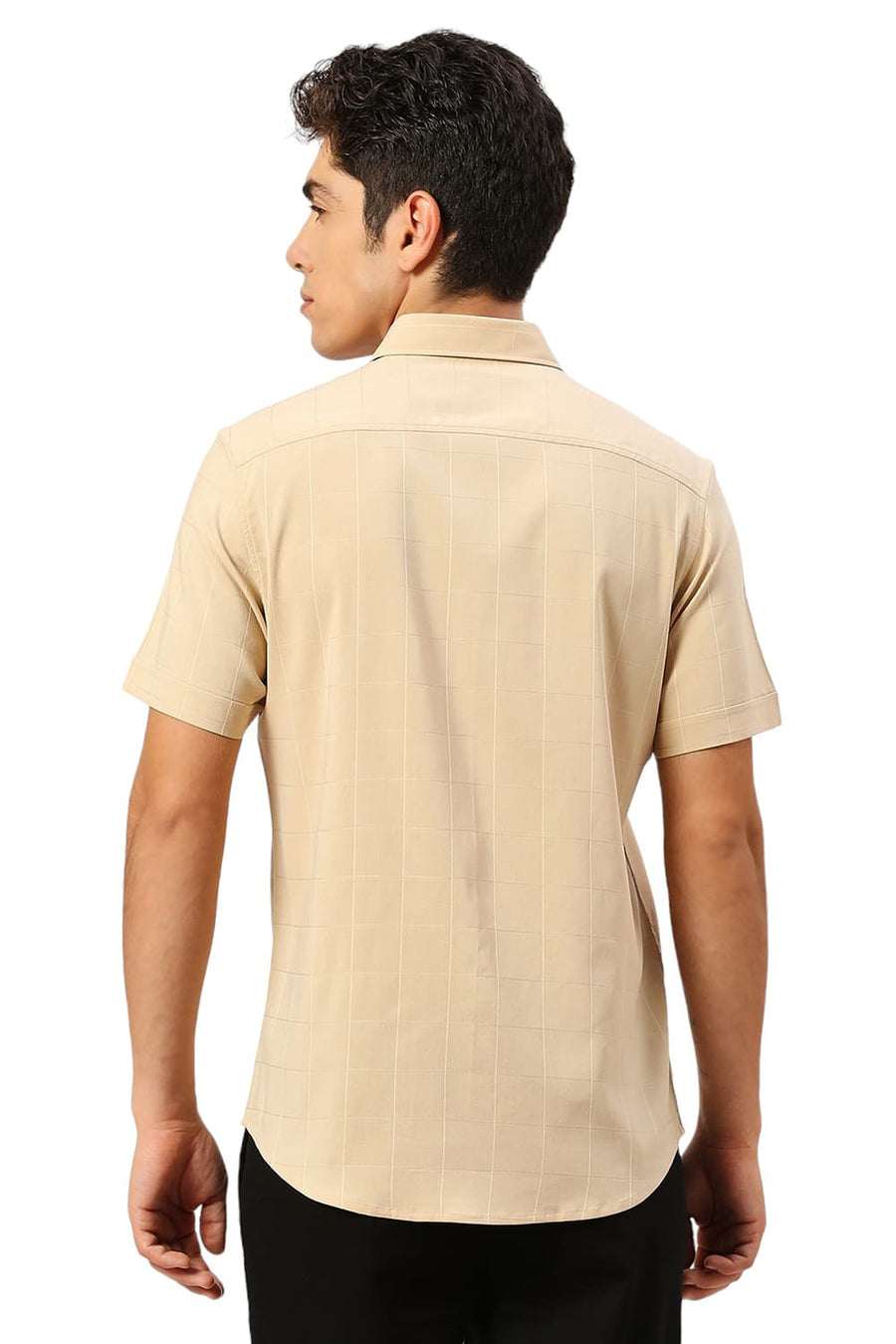BASICS SLIM FIT BEIGE SAND VISCOSE POLYESTER STRETCH DOBBY CHECKS HALFSLEEVES SHIRT