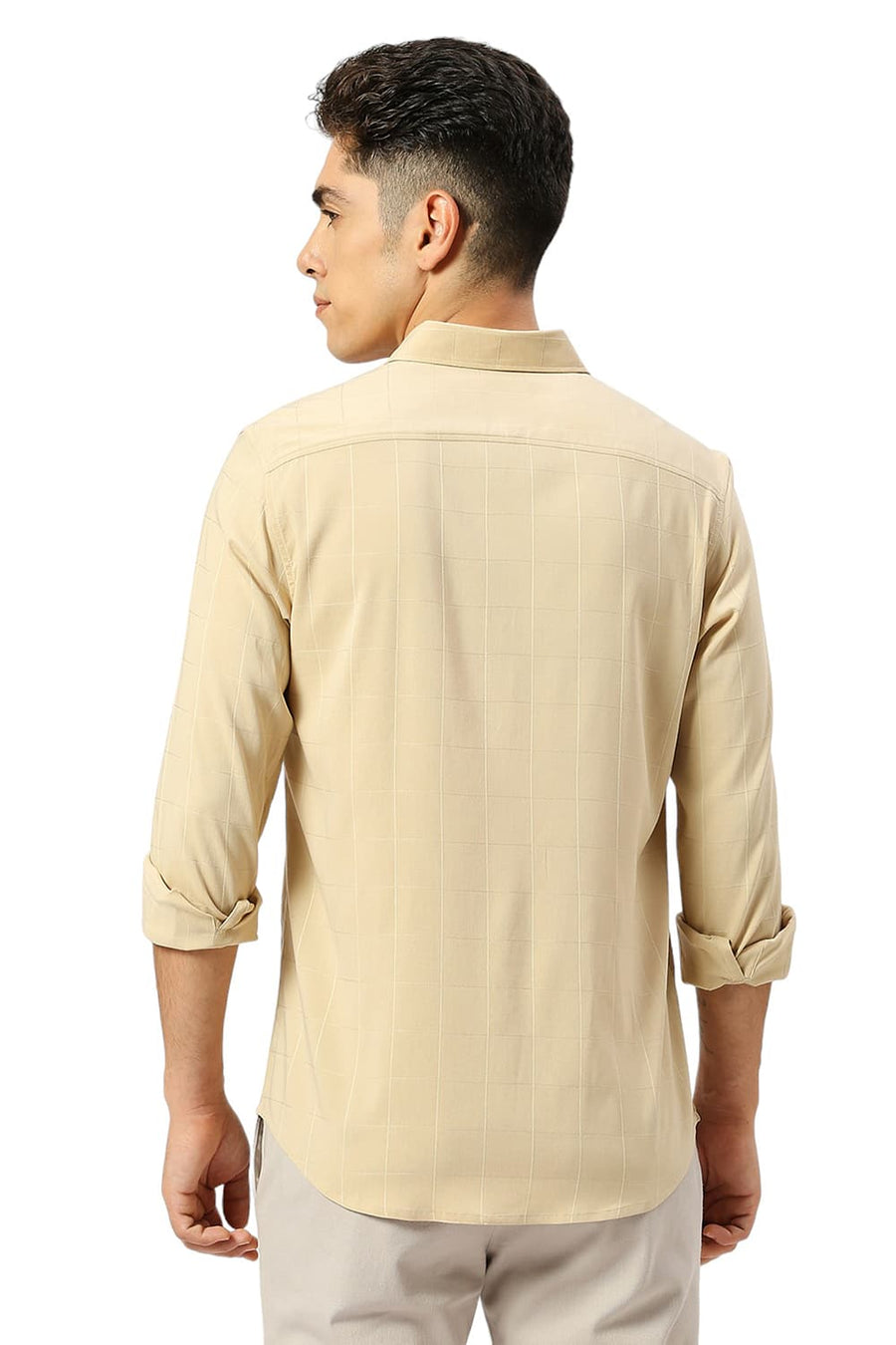 BASICS SLIM FIT BEIGE SAND VISCOSE POLYESTER STRETCH DOBBY CHECKS SHIRT