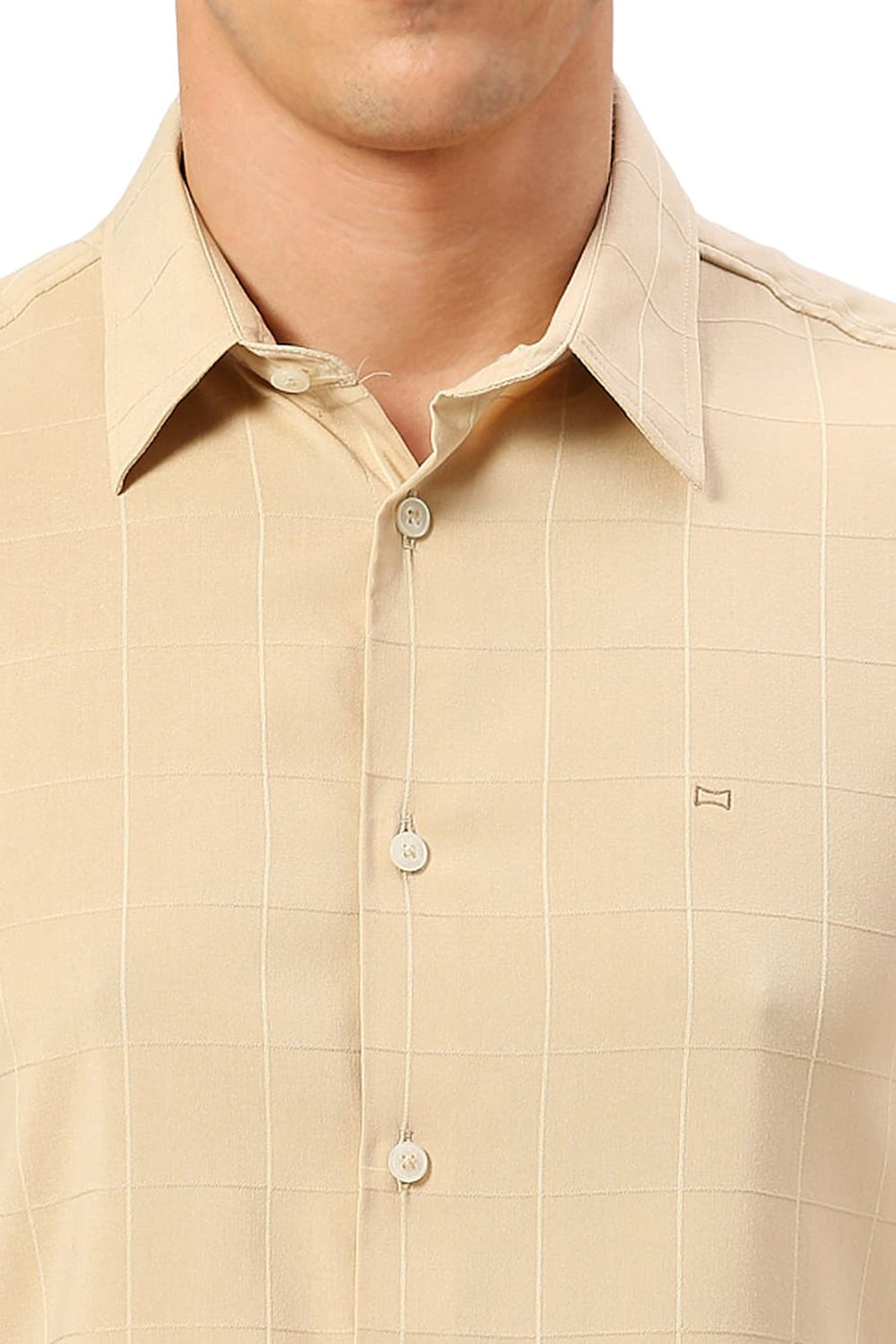 BASICS SLIM FIT BEIGE SAND VISCOSE POLYESTER STRETCH DOBBY CHECKS HALFSLEEVES SHIRT