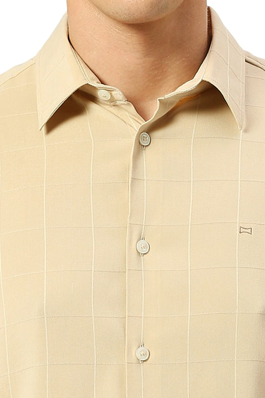 BASICS SLIM FIT BEIGE SAND VISCOSE POLYESTER STRETCH DOBBY CHECKS SHIRT