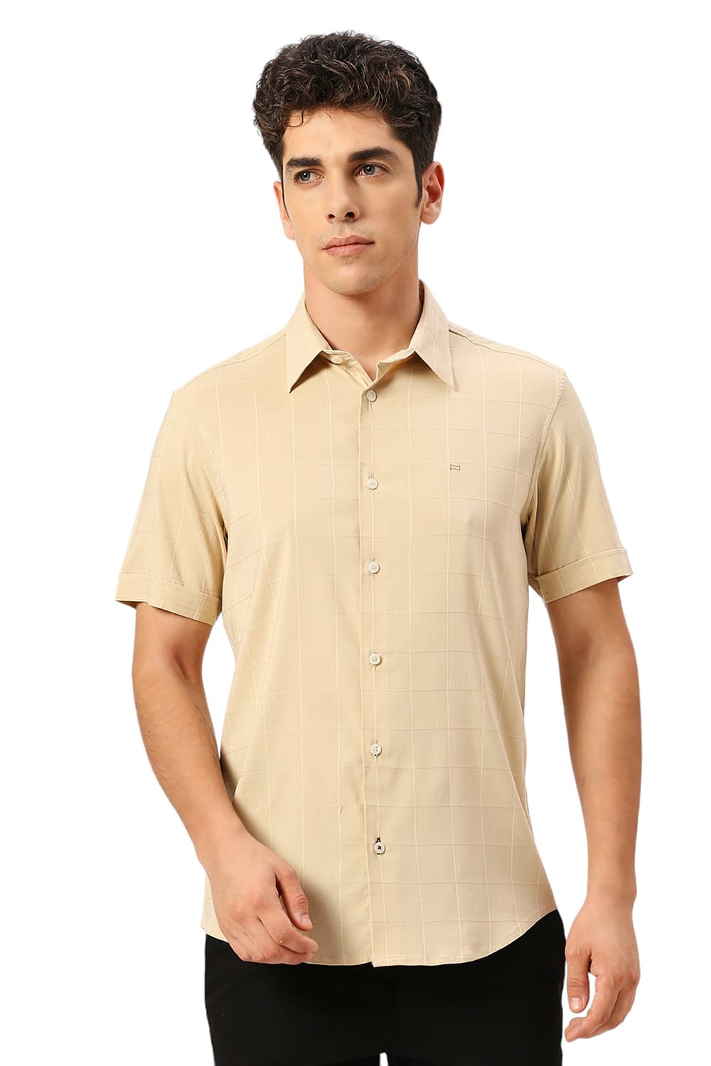 SLIM FIT VISCOSE POLYESTER STRETCH DOBBY CHECKS HALFSLEEVES SHIRT