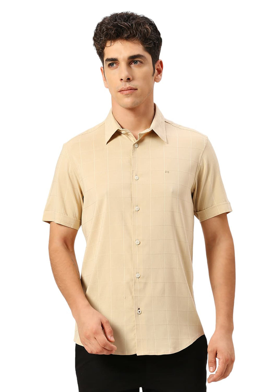 BASICS SLIM FIT BEIGE SAND VISCOSE POLYESTER STRETCH DOBBY CHECKS HALFSLEEVES SHIRT