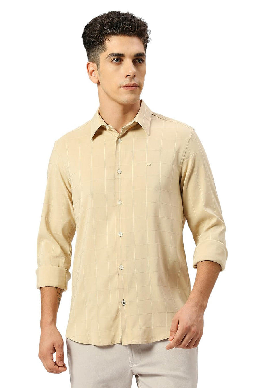 BASICS SLIM FIT BEIGE SAND VISCOSE POLYESTER STRETCH DOBBY CHECKS SHIRT