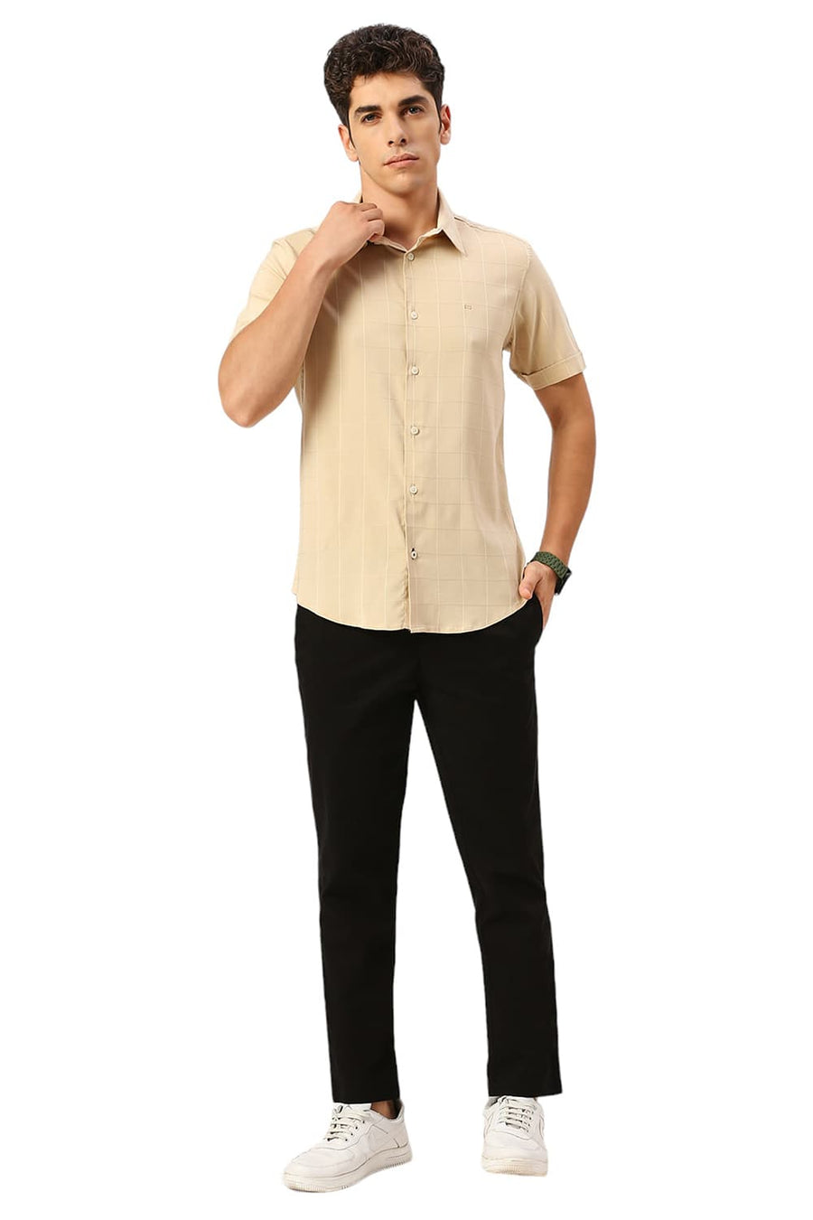 BASICS SLIM FIT BEIGE SAND VISCOSE POLYESTER STRETCH DOBBY CHECKS HALFSLEEVES SHIRT