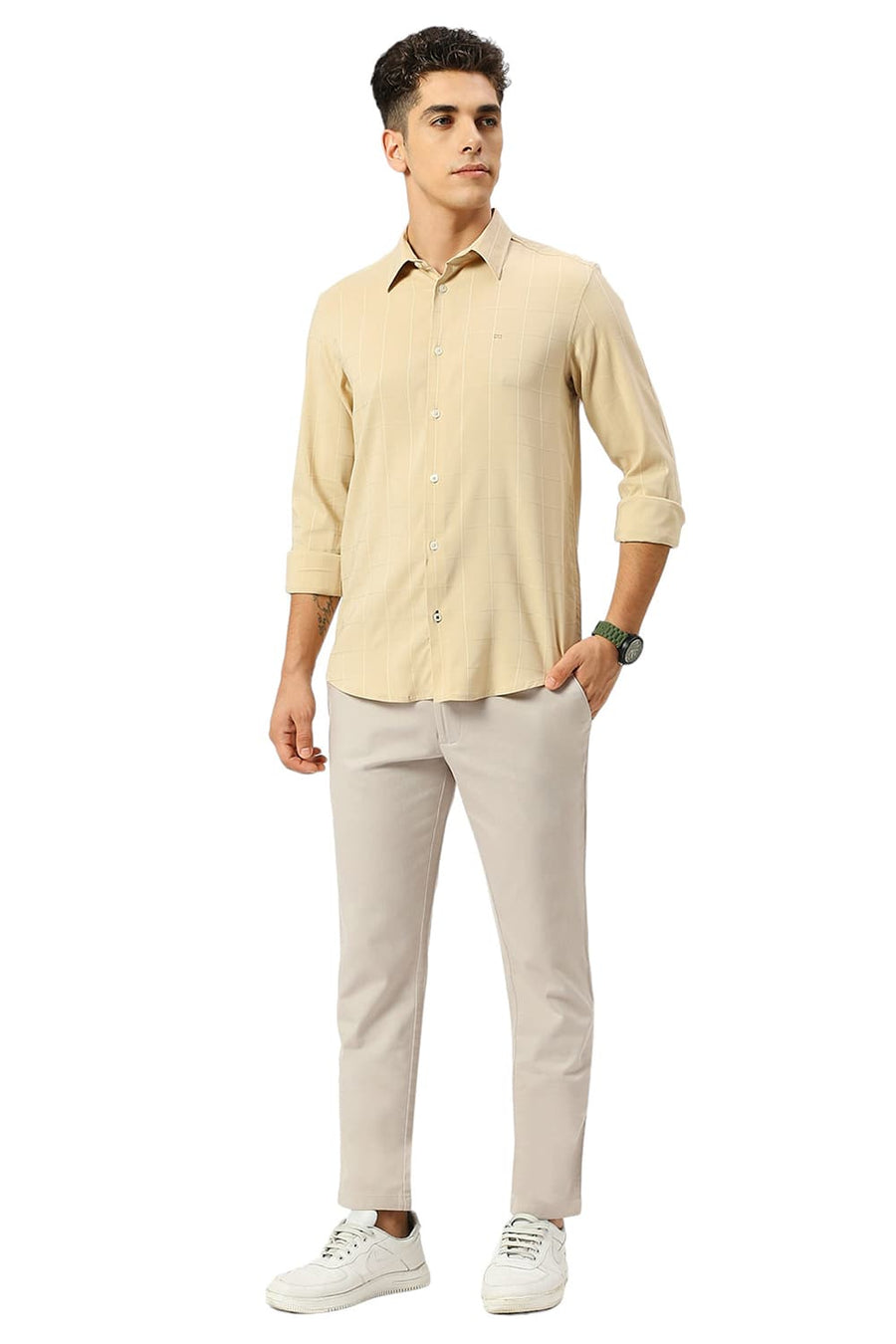 BASICS SLIM FIT BEIGE SAND VISCOSE POLYESTER STRETCH DOBBY CHECKS SHIRT