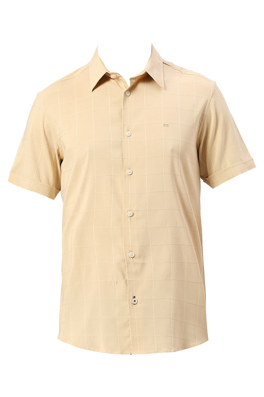 BASICS SLIM FIT BEIGE SAND VISCOSE POLYESTER STRETCH DOBBY CHECKS HALFSLEEVES SHIRT