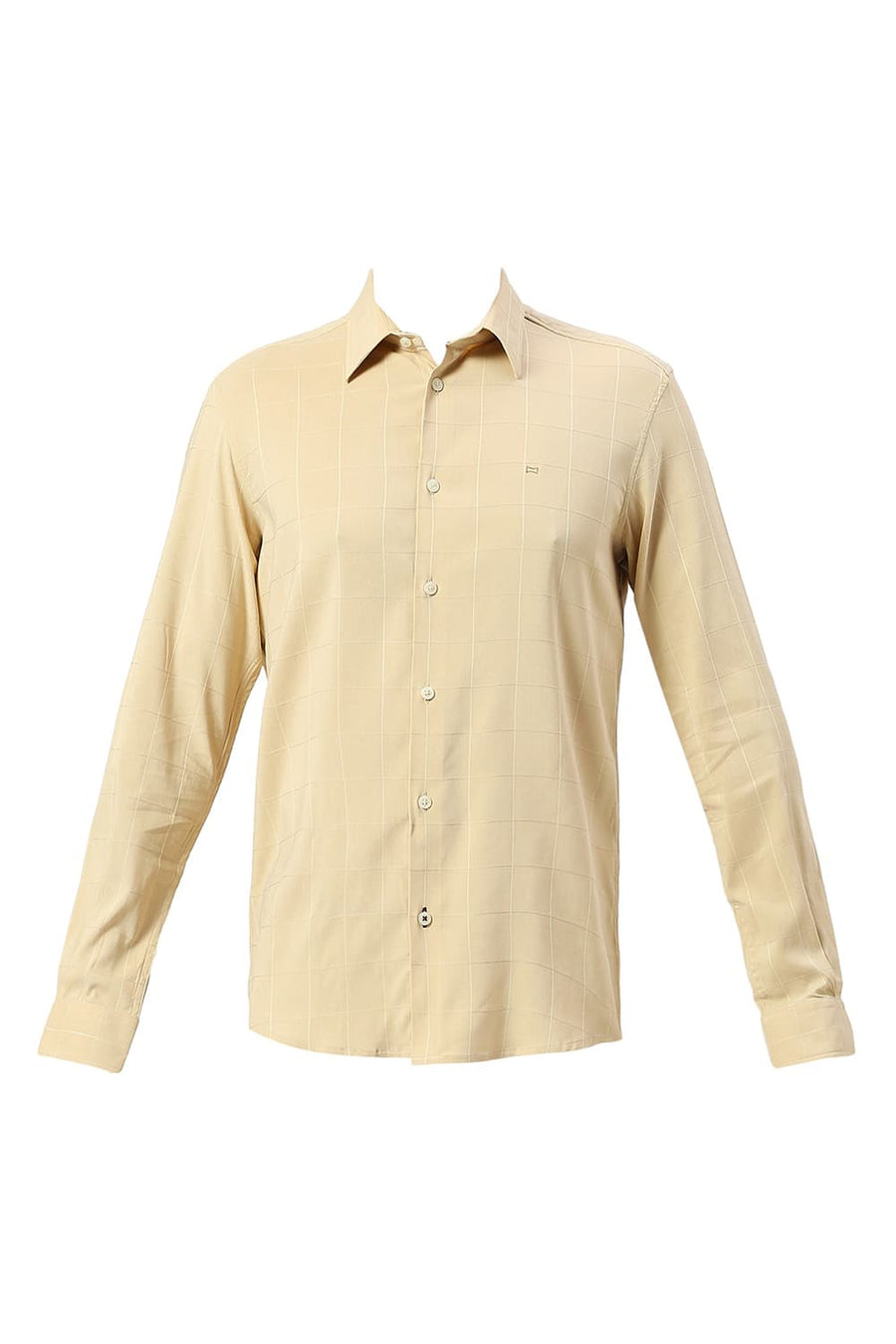 BASICS SLIM FIT BEIGE SAND VISCOSE POLYESTER STRETCH DOBBY CHECKS SHIRT