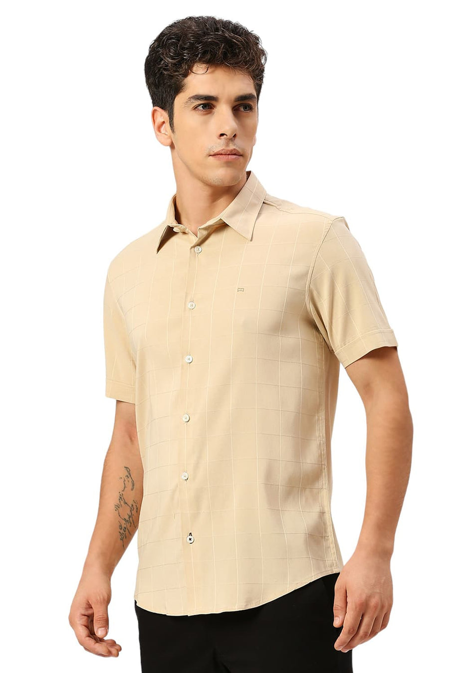 BASICS SLIM FIT BEIGE SAND VISCOSE POLYESTER STRETCH DOBBY CHECKS HALFSLEEVES SHIRT