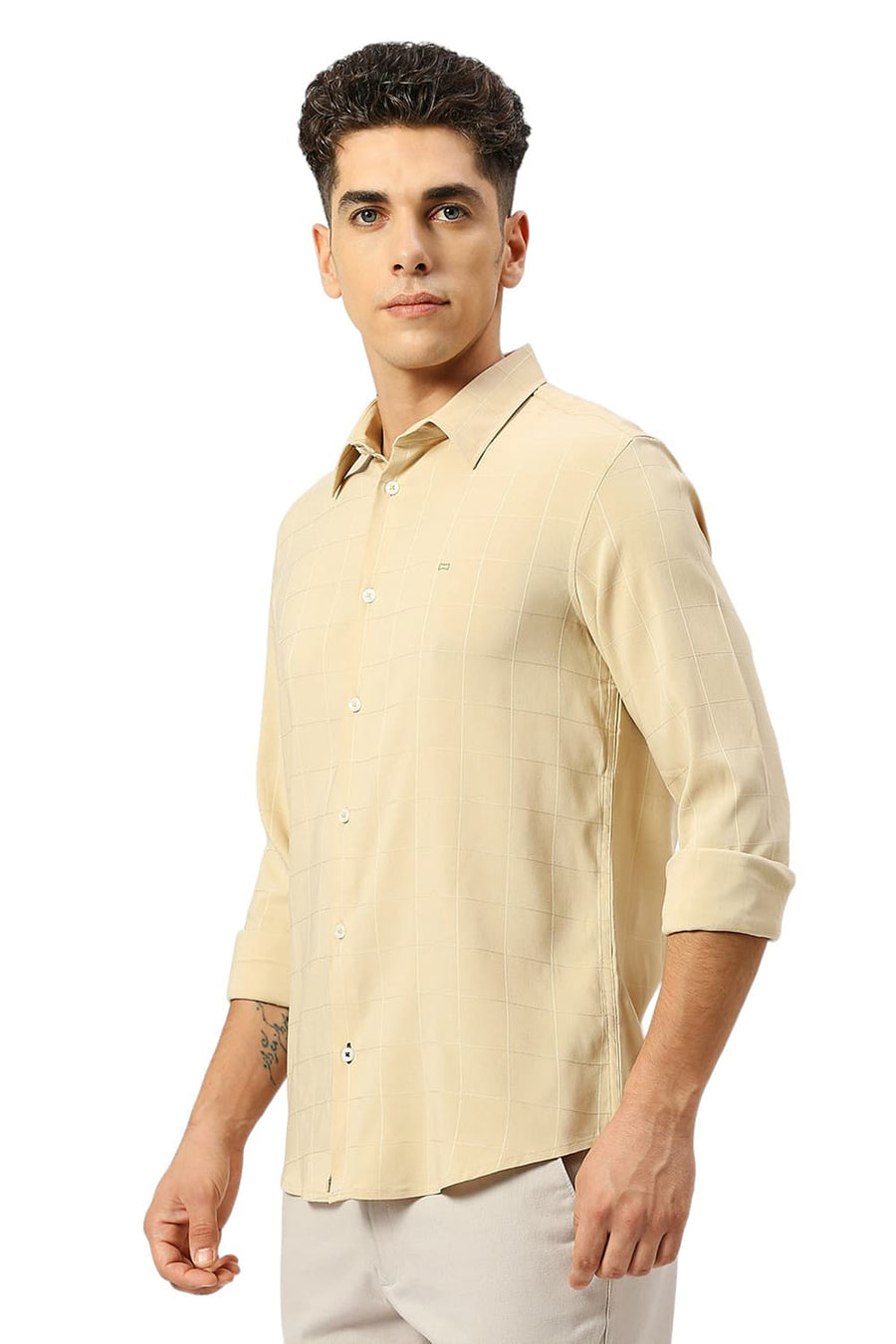 BASICS SLIM FIT BEIGE SAND VISCOSE POLYESTER STRETCH DOBBY CHECKS SHIRT