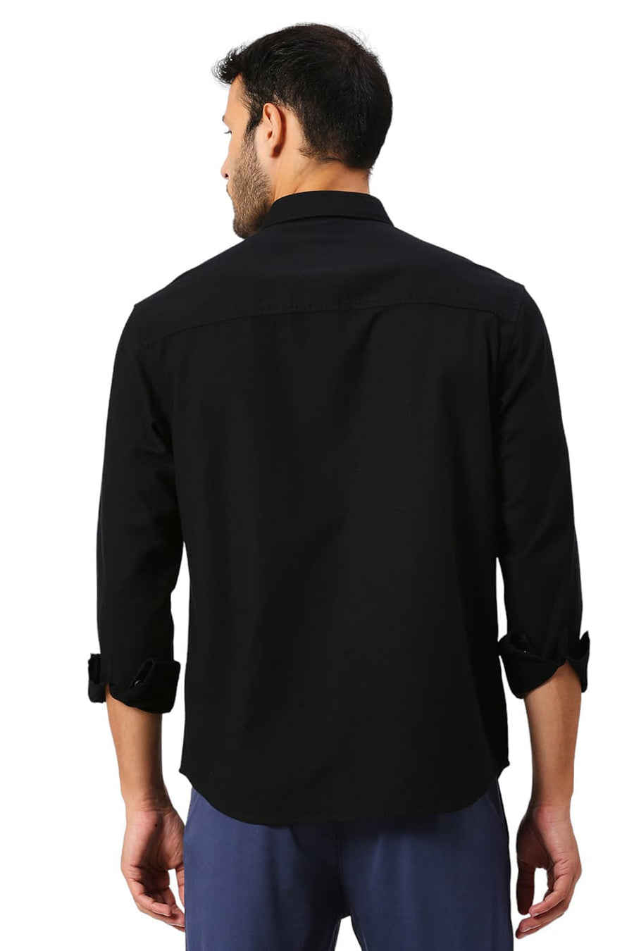 BASICS RELAXED FIT CAVIAR BLACK COTTON HOPSACK SLUB DOBBY SHIRT