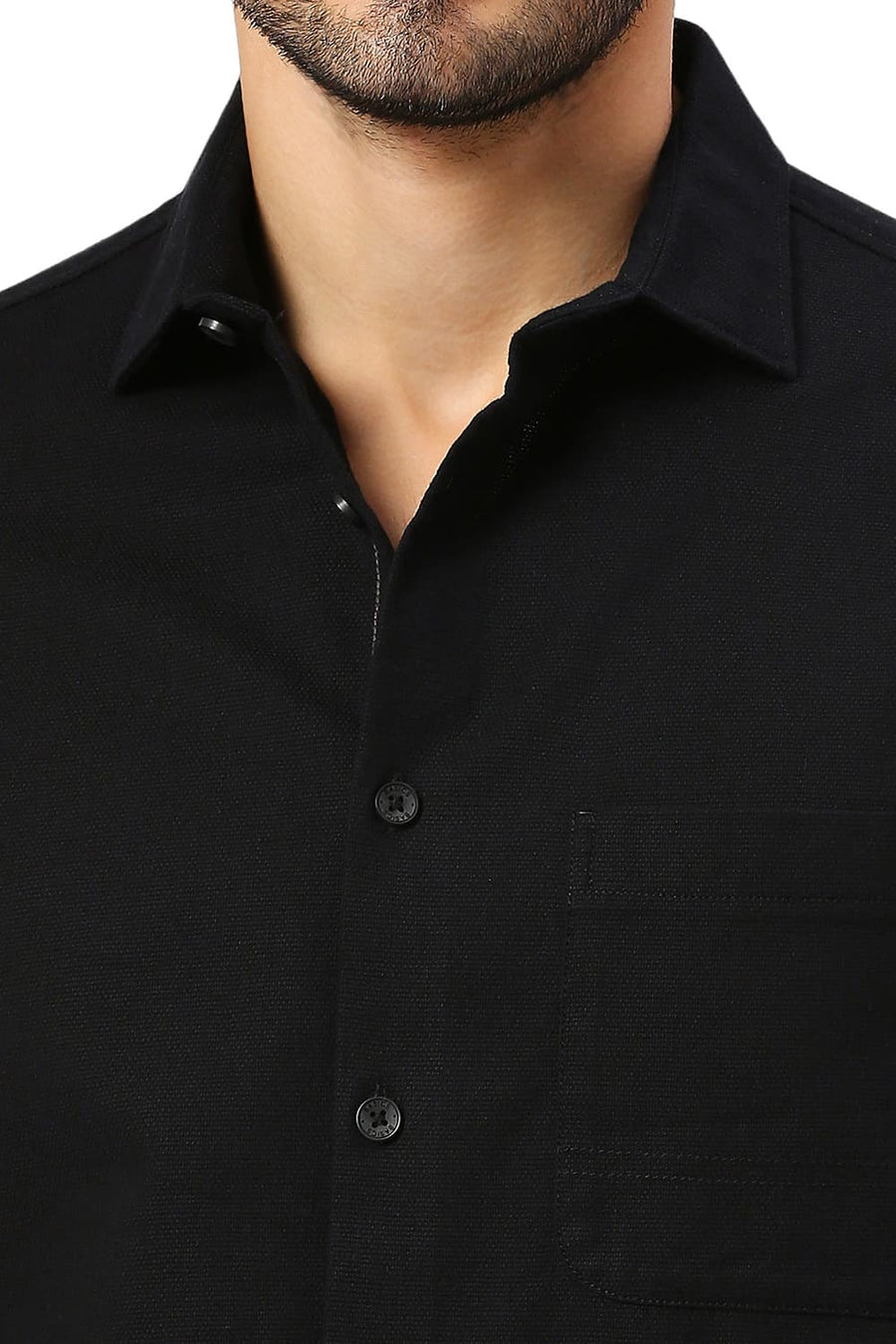 BASICS RELAXED FIT CAVIAR BLACK COTTON HOPSACK SLUB DOBBY SHIRT