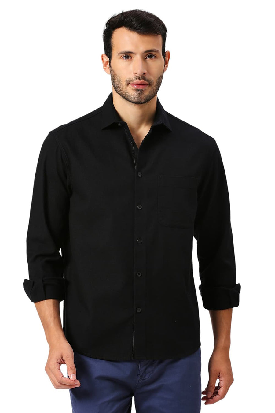 BASICS RELAXED FIT CAVIAR BLACK COTTON HOPSACK SLUB DOBBY SHIRT