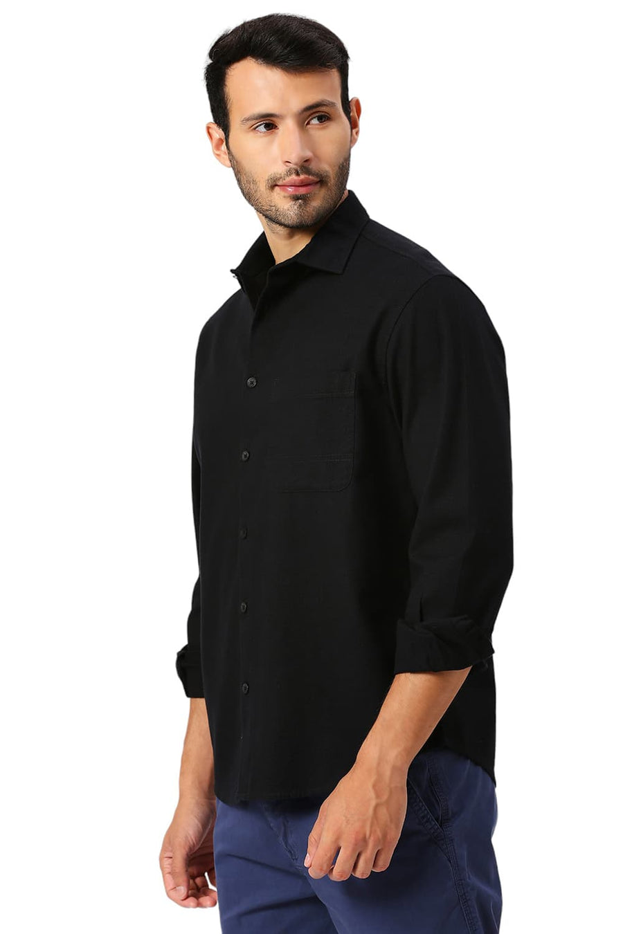 BASICS RELAXED FIT CAVIAR BLACK COTTON HOPSACK SLUB DOBBY SHIRT