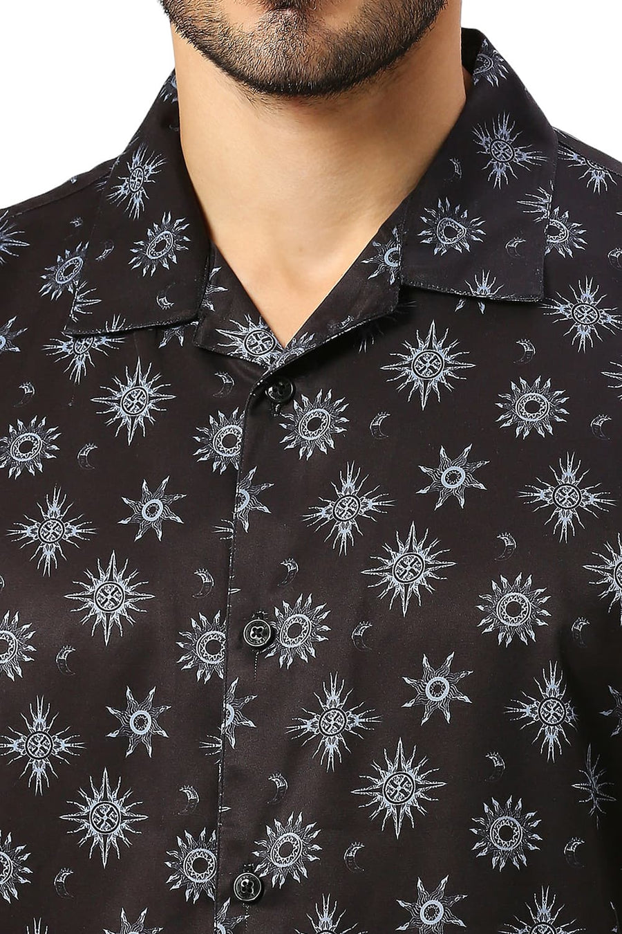 BASICS RELAXED FIT PHANTOM BLACK POLYESTER STRETCH TWILL PRINTED HALFSLEEVES SHIRT