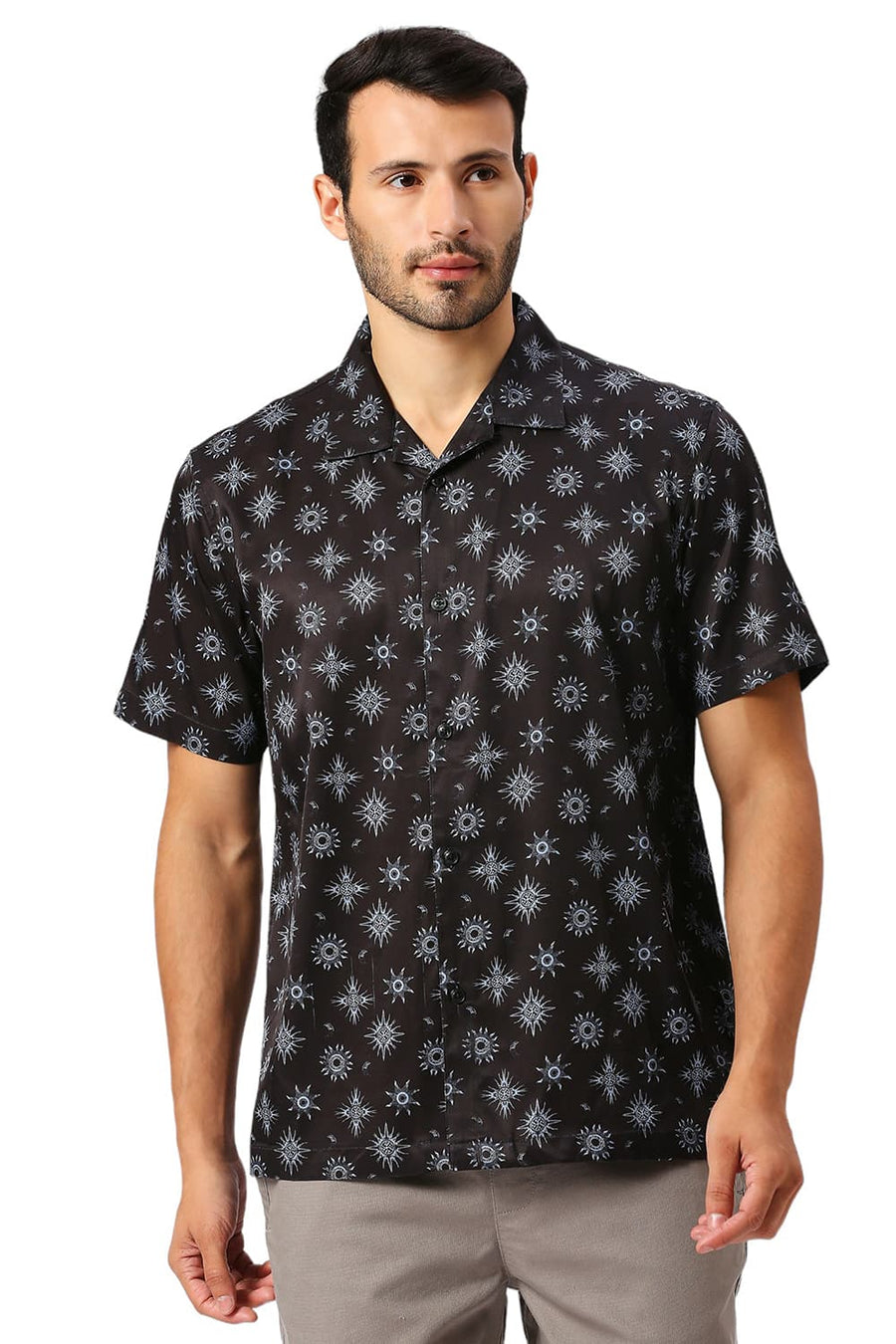 BASICS RELAXED FIT PHANTOM BLACK POLYESTER STRETCH TWILL PRINTED HALFSLEEVES SHIRT