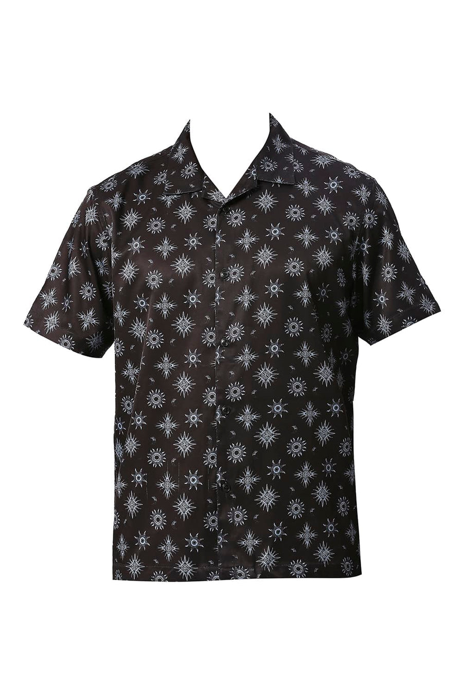 BASICS RELAXED FIT PHANTOM BLACK POLYESTER STRETCH TWILL PRINTED HALFSLEEVES SHIRT