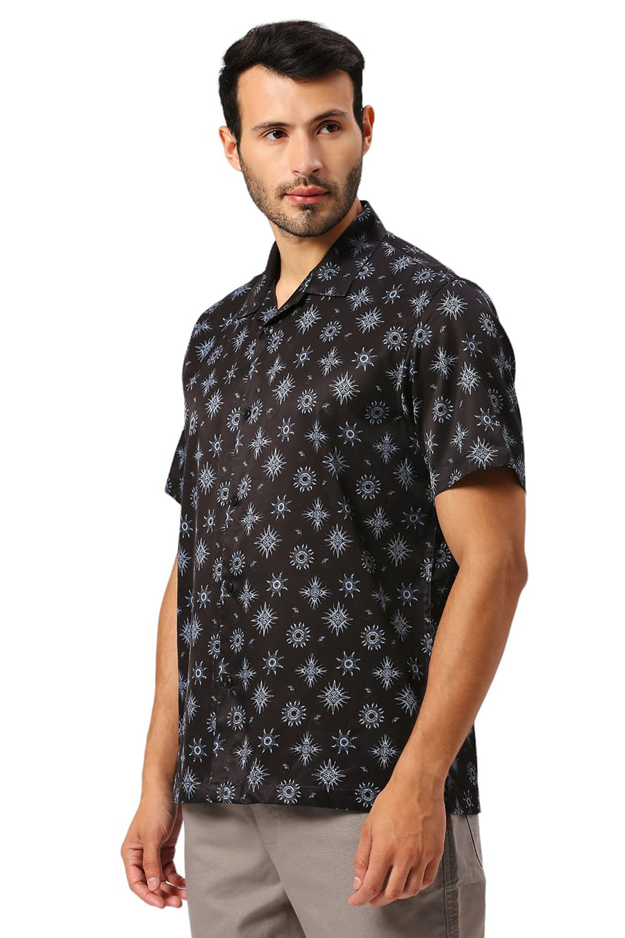 BASICS RELAXED FIT PHANTOM BLACK POLYESTER STRETCH TWILL PRINTED HALFSLEEVES SHIRT