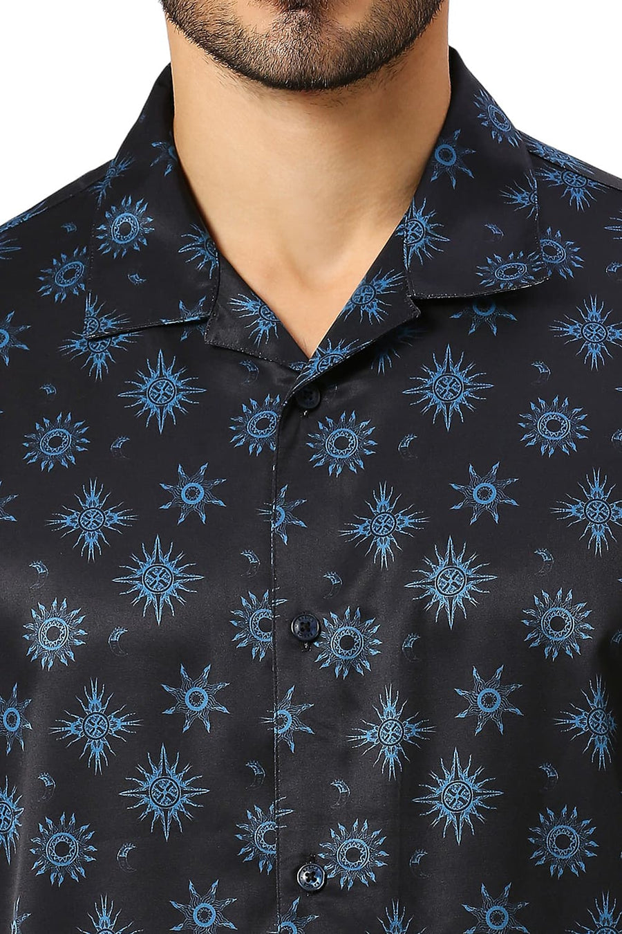 BASICS RELAXED FIT GRAPHITE NAVY POLYESTER STRETCH TWILL PRINTED HALFSLEEVES SHIRT