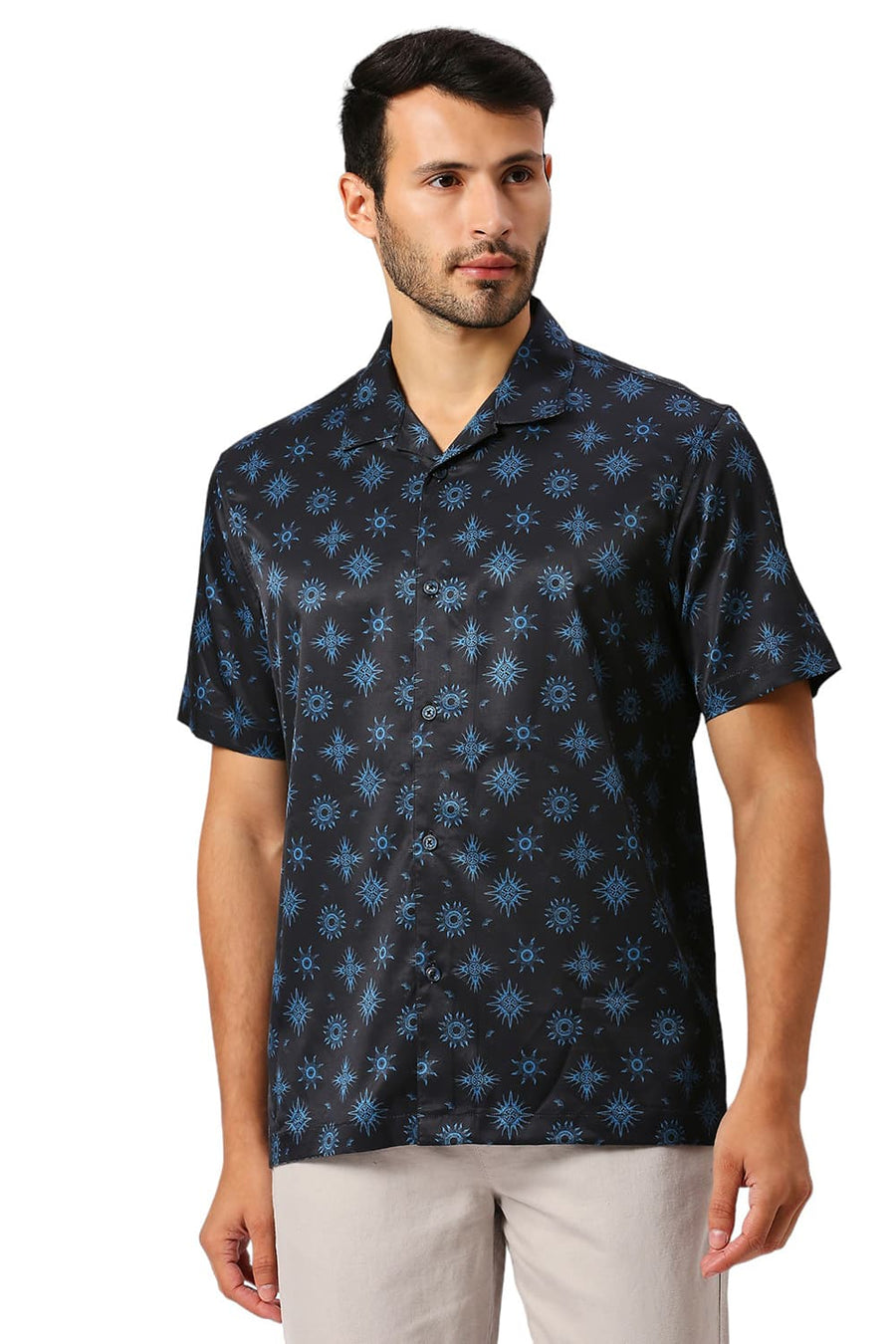 BASICS RELAXED FIT GRAPHITE NAVY POLYESTER STRETCH TWILL PRINTED HALFSLEEVES SHIRT