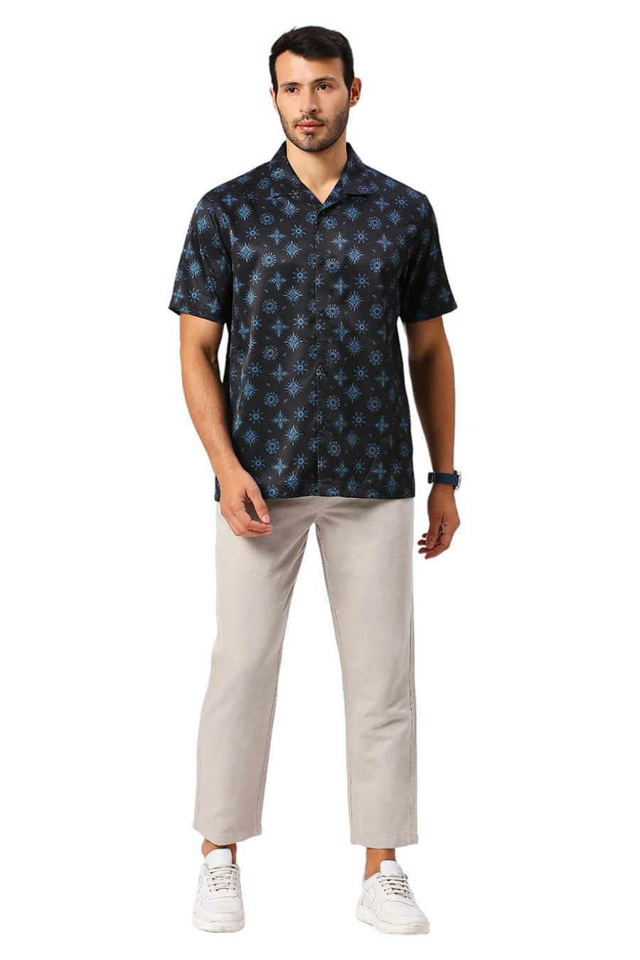 BASICS RELAXED FIT GRAPHITE NAVY POLYESTER STRETCH TWILL PRINTED HALFSLEEVES SHIRT