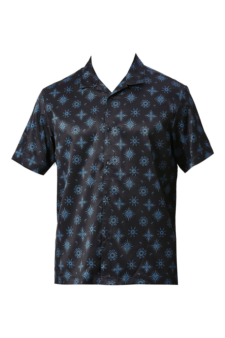 BASICS RELAXED FIT GRAPHITE NAVY POLYESTER STRETCH TWILL PRINTED HALFSLEEVES SHIRT