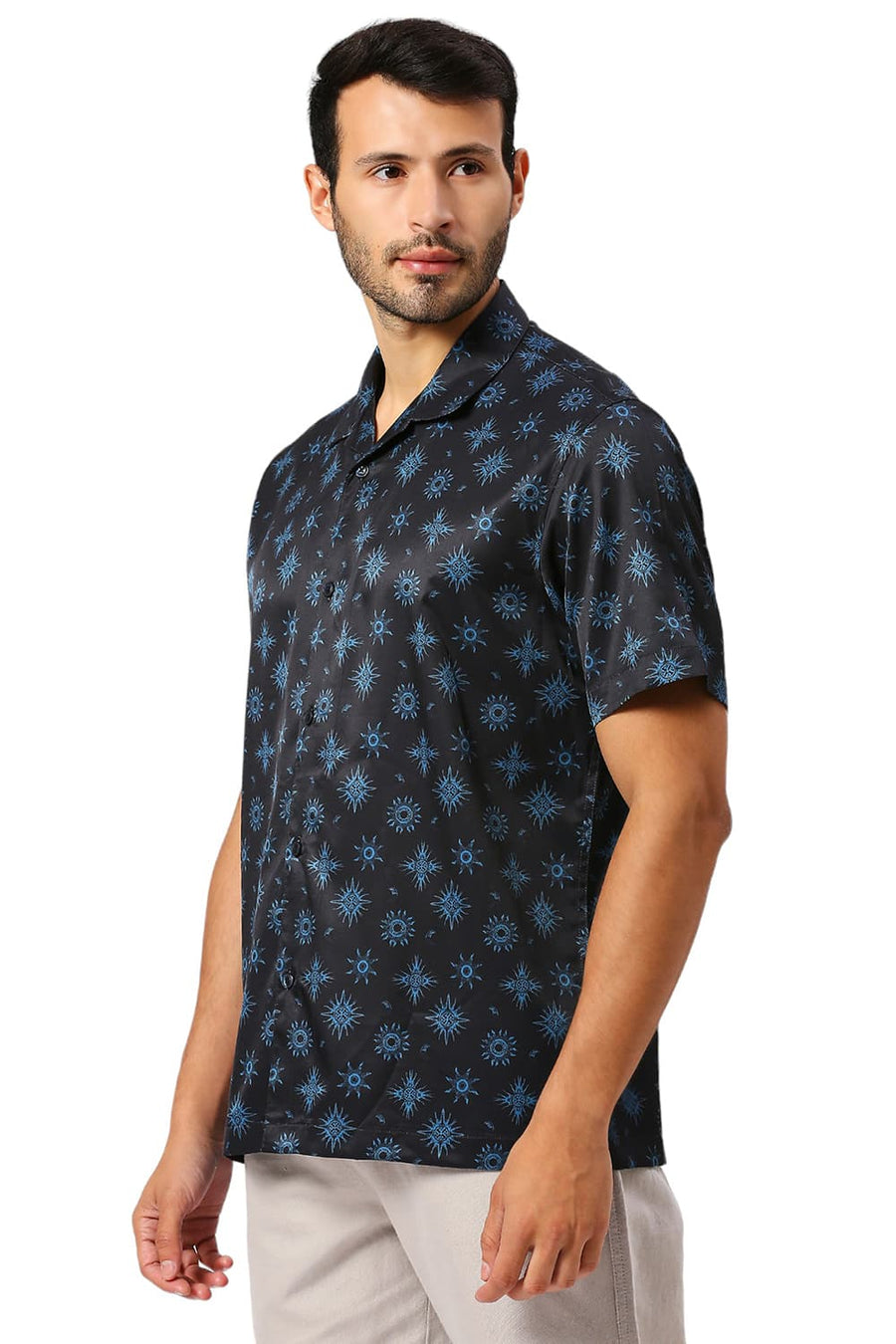 BASICS RELAXED FIT GRAPHITE NAVY POLYESTER STRETCH TWILL PRINTED HALFSLEEVES SHIRT