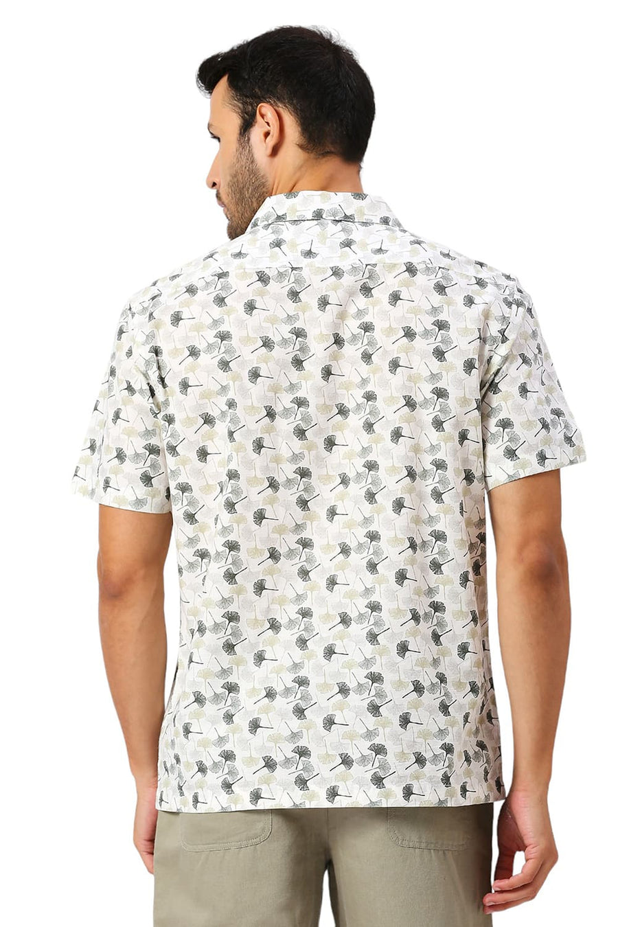 BASICS RELAXED FIT ARTIC BEIGE COTTON SLUB PRINTED HALFSLEEVES SHIRT