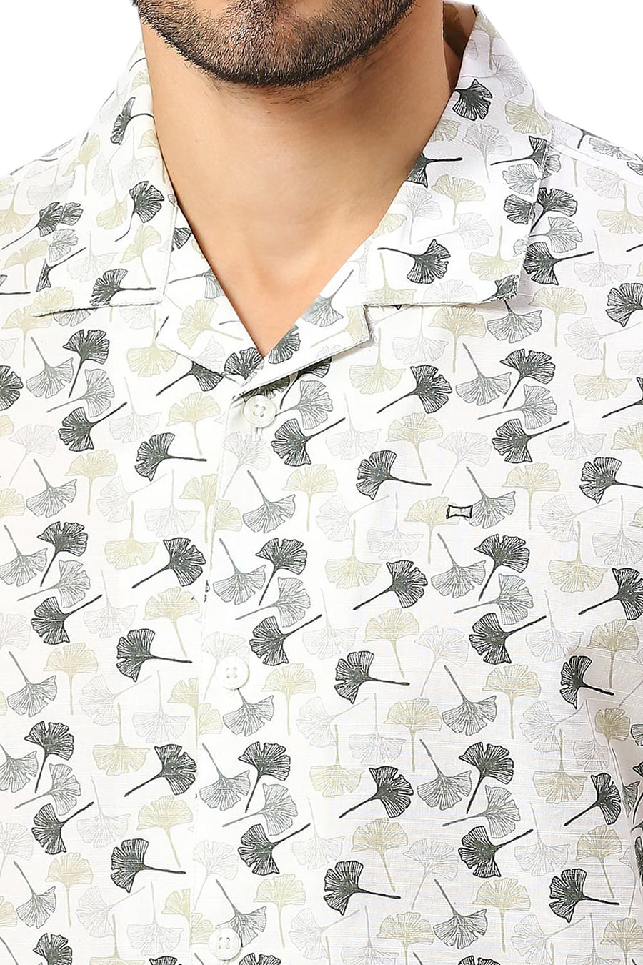 BASICS RELAXED FIT ARTIC BEIGE COTTON SLUB PRINTED HALFSLEEVES SHIRT