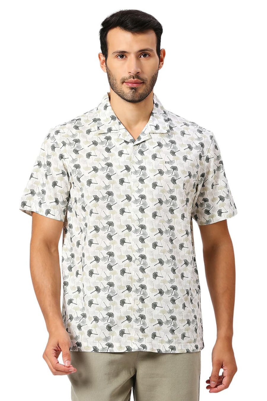 BASICS RELAXED FIT ARTIC BEIGE COTTON SLUB PRINTED HALFSLEEVES SHIRT