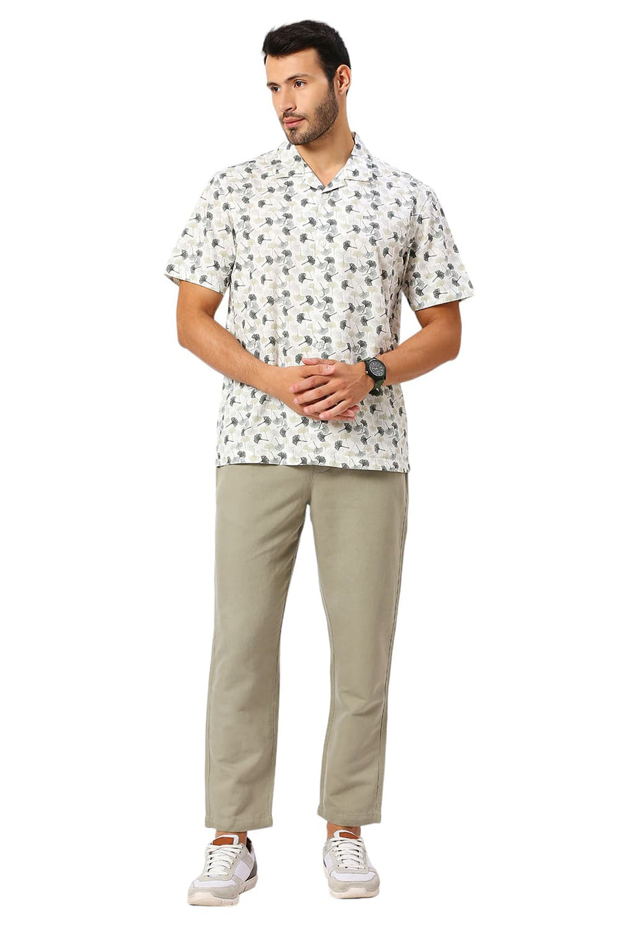 BASICS RELAXED FIT ARTIC BEIGE COTTON SLUB PRINTED HALFSLEEVES SHIRT