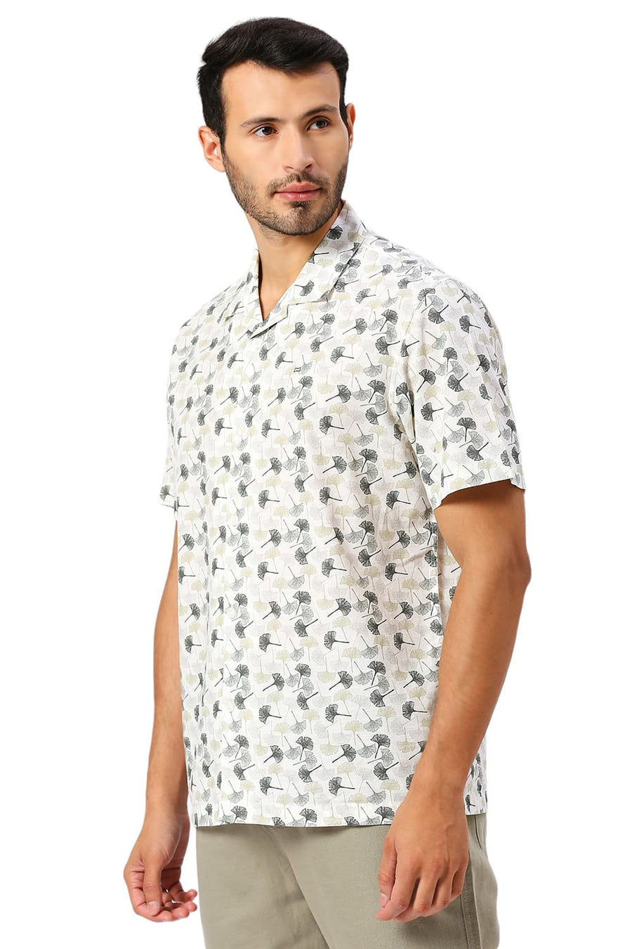 BASICS RELAXED FIT ARTIC BEIGE COTTON SLUB PRINTED HALFSLEEVES SHIRT