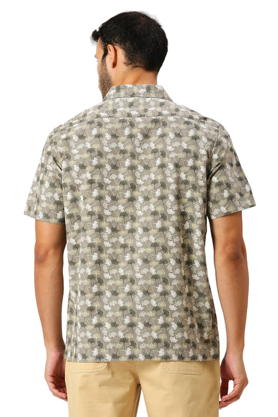 BASICS RELAXED FIT KALAMATA OLIVE COTTON SLUB PRINTED HALFSLEEVES SHIRT