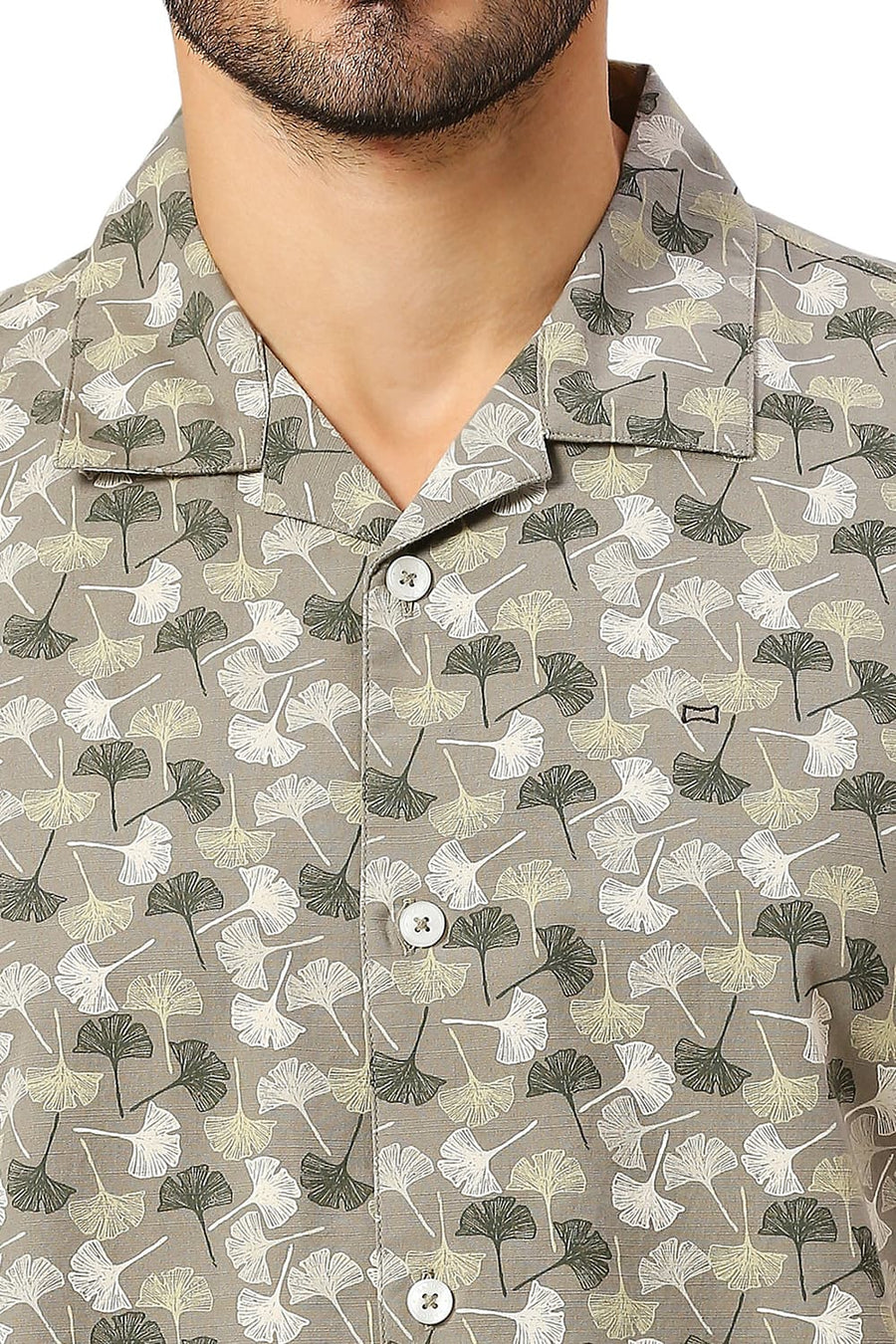 BASICS RELAXED FIT KALAMATA OLIVE COTTON SLUB PRINTED HALFSLEEVES SHIRT