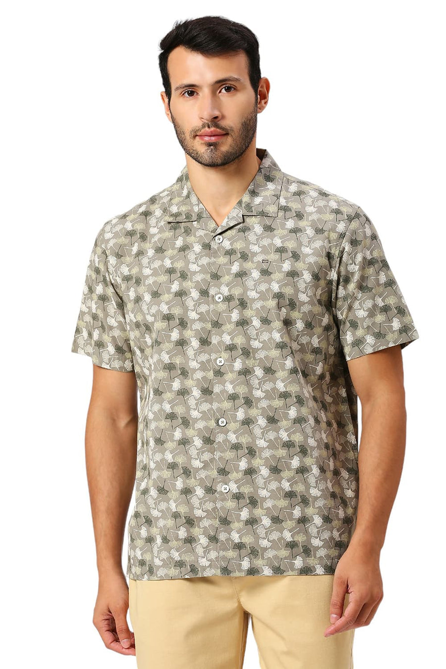 BASICS RELAXED FIT KALAMATA OLIVE COTTON SLUB PRINTED HALFSLEEVES SHIRT