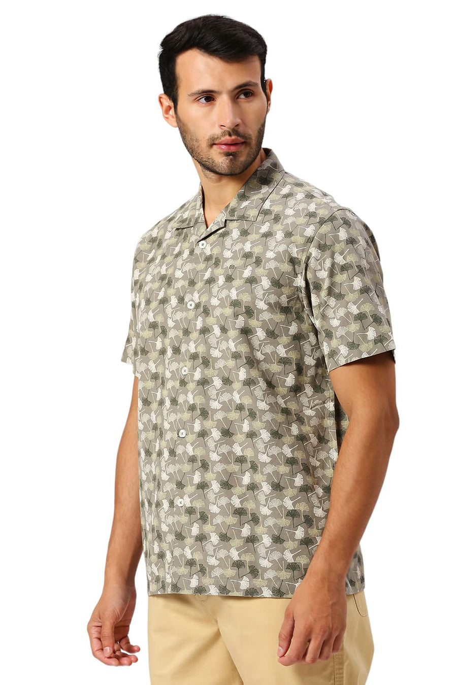 BASICS RELAXED FIT KALAMATA OLIVE COTTON SLUB PRINTED HALFSLEEVES SHIRT