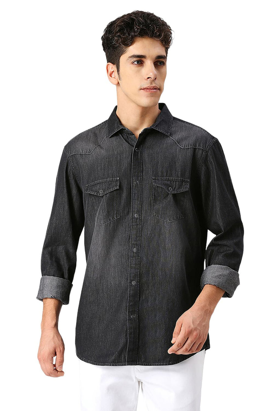 BASICS SLIM FIT RAVEN BLACK COTTON SULPHUR SHIRT