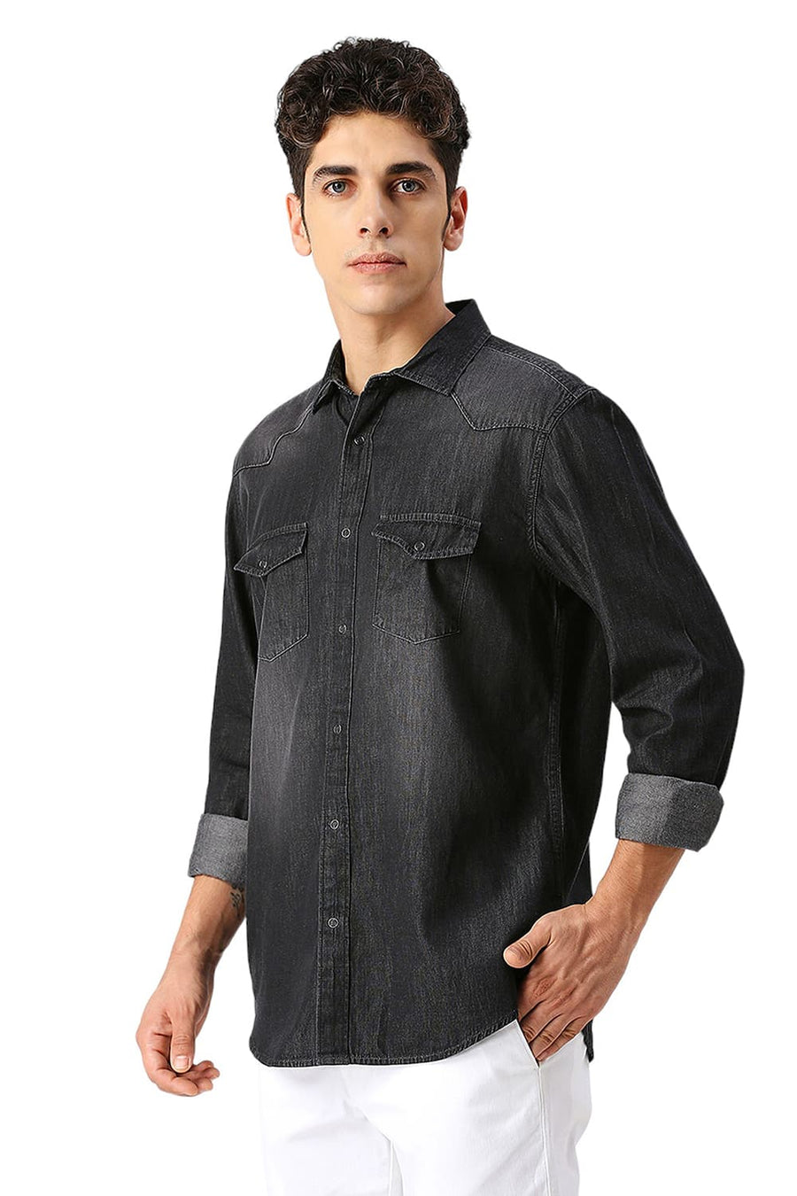 BASICS SLIM FIT RAVEN BLACK COTTON SULPHUR SHIRT