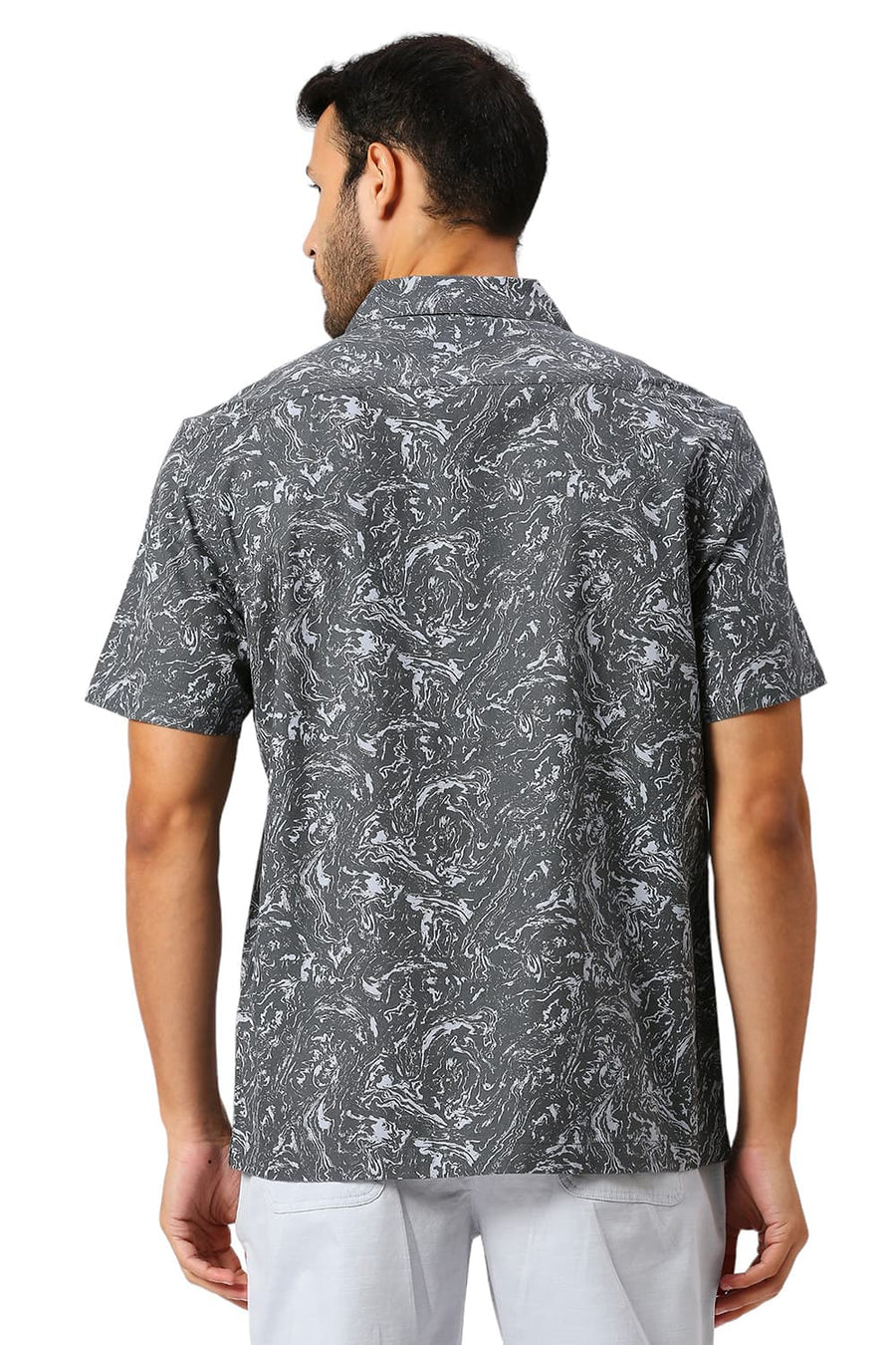 BASICS RELAXED FIT SAGE GREY COTTON CREPE PRINTED HALFSLEEVES SHIRT