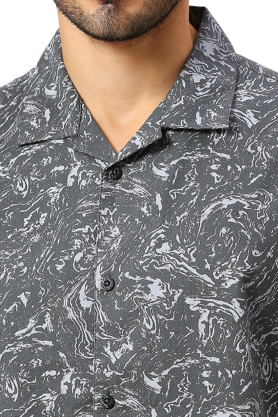 BASICS RELAXED FIT SAGE GREY COTTON CREPE PRINTED HALFSLEEVES SHIRT