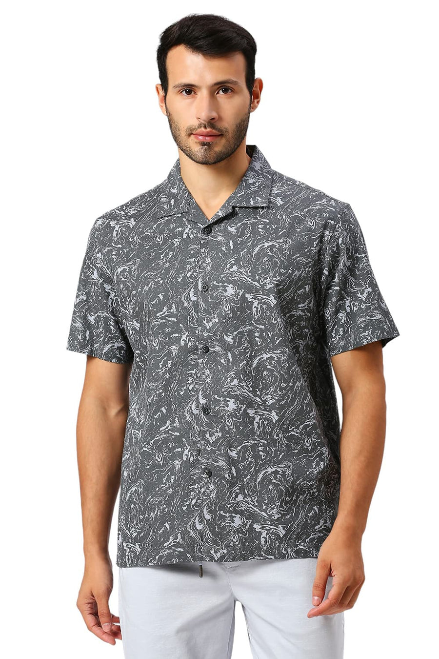 BASICS RELAXED FIT SAGE GREY COTTON CREPE PRINTED HALFSLEEVES SHIRT