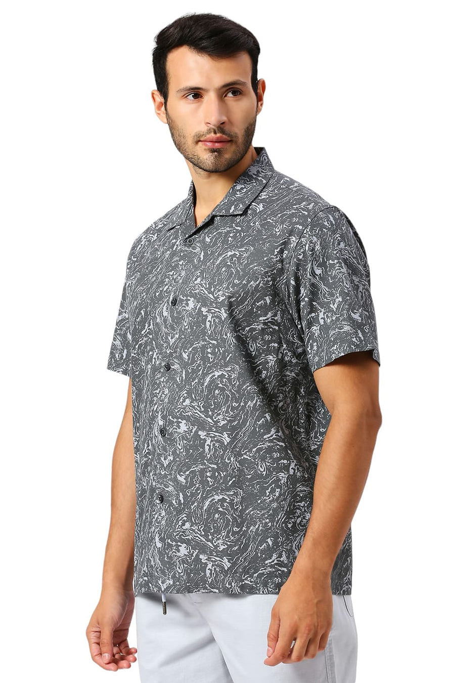BASICS RELAXED FIT SAGE GREY COTTON CREPE PRINTED HALFSLEEVES SHIRT