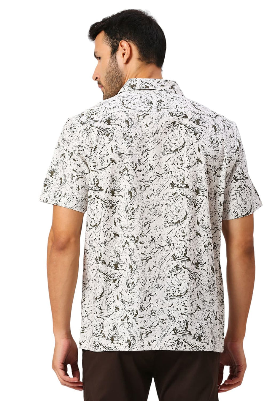 BASICS RELAXED FIT FEATHER BEIGE COTTON CREPE PRINTED HALFSLEEVES SHIRT