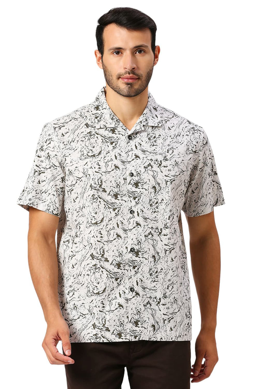 BASICS RELAXED FIT FEATHER BEIGE COTTON CREPE PRINTED HALFSLEEVES SHIRT